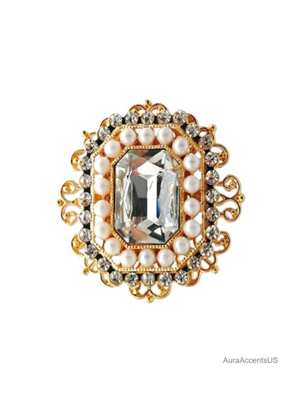 Rhinestone Brooch Pin Gold Tone Vintage Crystal Shell Pearl Lapel Pin